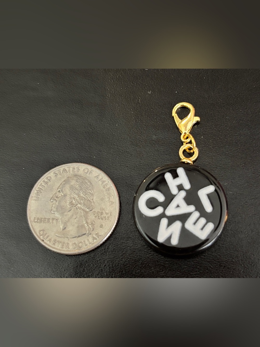Channel Vintage Black & White Round Enamel Charm, "C H A N E L" Abstract Print